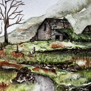 May include: A watercolor painting depicting a rural landscape with a stone cottage, a bare tree on the left, and a winding path in the foreground. The scene features muted green, brown, and gray tones, with rolling hills in the background.