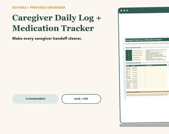 Läkemedelsspårare och vårdgivares dagliga logg, redigerbar Excel och utskrivbar PDF