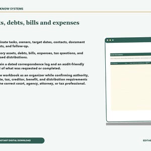 May include: A digital workbook template titled Assets, debts, bills and expenses with a dark green header and a light yellow lined spreadsheet area. The text lists instructions for coordinating tasks, inventorying assets, and maintaining logs.