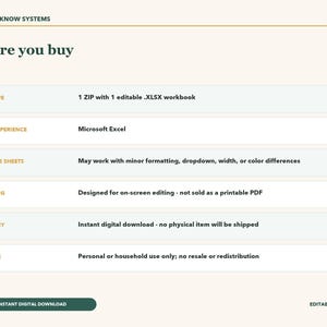 May include: A digital information graphic titled Good to Know Systems Before you buy. It lists file specifications including 1 ZIP with 1 editable .XLSX workbook, Microsoft Excel compatibility, Google Sheets notes, printing, delivery, and license terms.