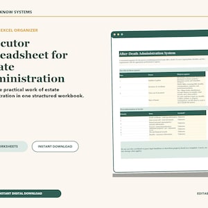May include: An editable Excel spreadsheet for estate administration titled Executor Spreadsheet for Estate Administration. The digital document features a structured workbook with 11 worksheets, including an After-Death Administration System table.