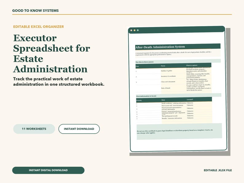 May include: An editable Excel spreadsheet for estate administration titled Executor Spreadsheet for Estate Administration. The digital document features a structured workbook with 11 worksheets, including an After-Death Administration System table.