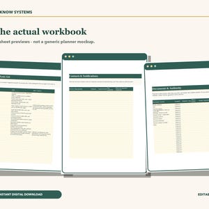 May include: Three digital workbook pages with dark green headers and cream-colored backgrounds. The text includes 'GOOD TO KNOW SYSTEMS', 'See the actual workbook', 'Master Task List', 'Contacts & Notifications', and 'Documents & Authority'.