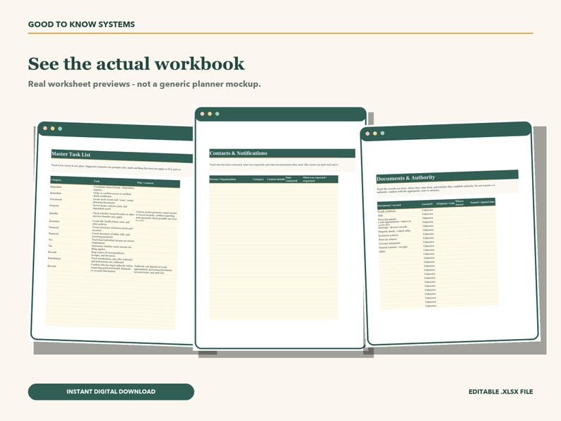 May include: Three digital workbook pages with dark green headers and cream-colored backgrounds. The text includes 'GOOD TO KNOW SYSTEMS', 'See the actual workbook', 'Master Task List', 'Contacts & Notifications', and 'Documents & Authority'.