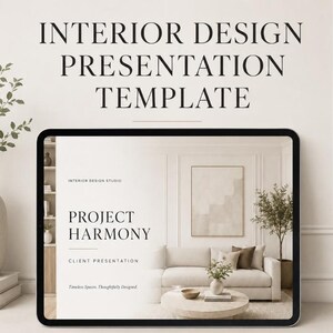 May include: A digital tablet displaying an interior design presentation template titled Project Harmony. The screen shows a neutral-toned living room with a sofa, coffee table, and wall art. The text reads Interior Design Presentation Template.