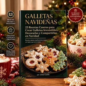 Puede incluir: Un libro de cocina de tapa dura titulado GALLETAS NAVIDEÑAS con texto dorado sobre una cubierta verde oscuro. La portada muestra un plato de galletas de jengibre decoradas, incluyendo estrellas, un muñeco y árboles, por Julieta Castillo.