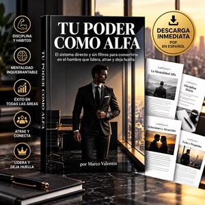 以下が含まれることがあります： マルコ・ヴァレンティン著の書籍『Tu Poder Como Alfa』。表紙にはスーツを着た男性が描かれています。本書は、「La Mentalidad Alfa」や「Relaciones y Atracción」といった章のタイトルが記載された内部ページと共に表示されています。