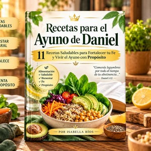 Puede incluir: Un libro de tapa dura titulado Recetas para el Ayuno de Daniel por Isabella Ríos. La portada muestra un tazón con quinoa, garbanzos, aguacate y verduras. El texto incluye 11 Recetas Saludables para Fortalecer tu Fe y Vivir el Ayuno con Propósito.
