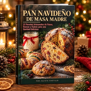 Puede incluir: Un libro de cocina de tapa dura titulado PAN NAVIDEÑO DE MASA MADRE de Julieta Castillo, que muestra un panettone, un roscón y un frasco de masa madre en la portada, con texto sobre 23 recetas artesanales para Navidad.