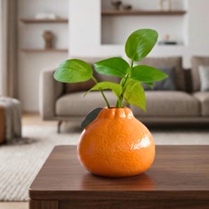 May include: A bright orange ceramic vase shaped like a citrus fruit with a textured surface and a small dark leaf accent. A green leafy plant with several broad, smooth leaves grows out of the top opening of the orange-coloured vessel.