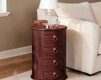 Round Solid Wood Nightstand with 4 Drawers, Retro Bedside Cabinet, Cherry Brown Accent Furniture