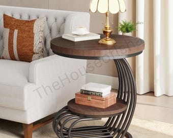 Round Faux Marble End Table, Gold Metal Frame, Two-Tier Storage Side Table