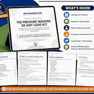 May include: A digital marketing kit for pressure washing businesses displayed on a tablet screen and four printed pages. The text includes The Pressure Washing 30-Day Lead Kit, What's Inside, Table of Contents, and 30 Ready-to-Use Social Media Posts.