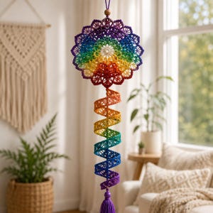 May include: A hanging decoration featuring a circular, multi-colored crochet mandala with a central white flower motif, transitioning into a long, spiraling, rainbow-colored crochet tail that ends with a solid purple tassel and a wooden bead.