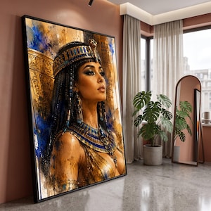 Egyptian Queen Portrait Canvas, Cleopatra Wall Art, Ancient Royalty Decor, Historical Canvas Print, Blue Gold Jewelry Artwork