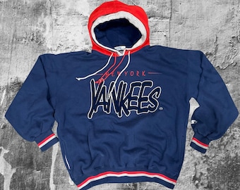 Vintage 90’s Very Rare Starter New York Yankees MLB Script Hoodie Crewneck Sweatshirt Large
