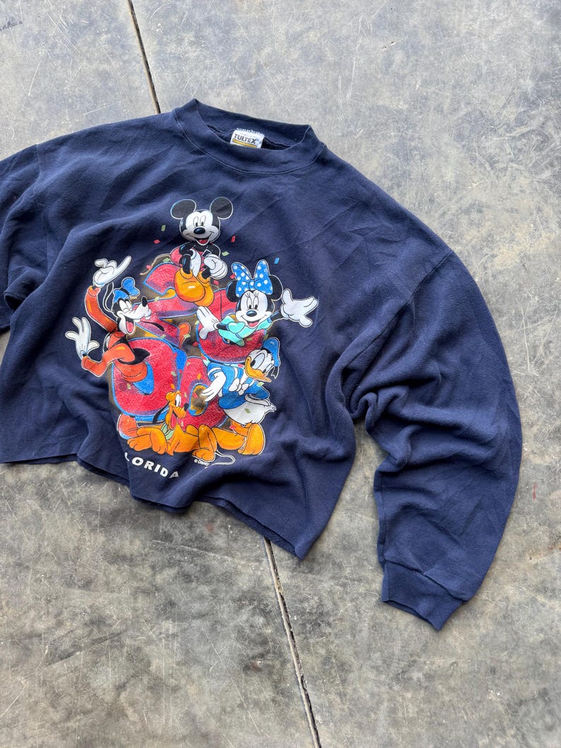 Puede incluir: Una sudadera de manga larga azul marino con un estampado gr&aacute;fico de Mickey Mouse, Minnie Mouse, Donald Duck, Goofy y Pluto. El gr&aacute;fico presenta a los personajes en una pose de celebraci&oacute;n con confeti y la palabra "Florida".