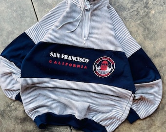 Camiseta de cuello alto a rayas con cuello redondo y cremallera de San Francisco, California, vintage, años 90, talla grande