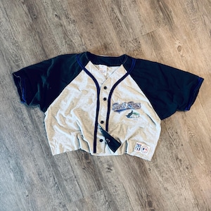 May include: A cropped baseball jersey in gray, navy, and dark green. The jersey features the text "Devil Rays" in blue script on the front, along with a logo. The sleeves are dark green, and the jersey has a button-up front.