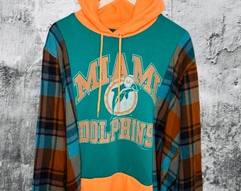 Vintage 90’s Custom 1 of 1 Reworked Upcylced NFL Miami Dolphins Flannel Hoodie Sweatshirt Size XL-XXL