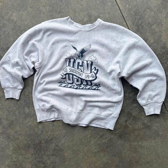 Vintage 90s Reverse Weave Navy USS Shreveport Crewneck Sweatshirt 