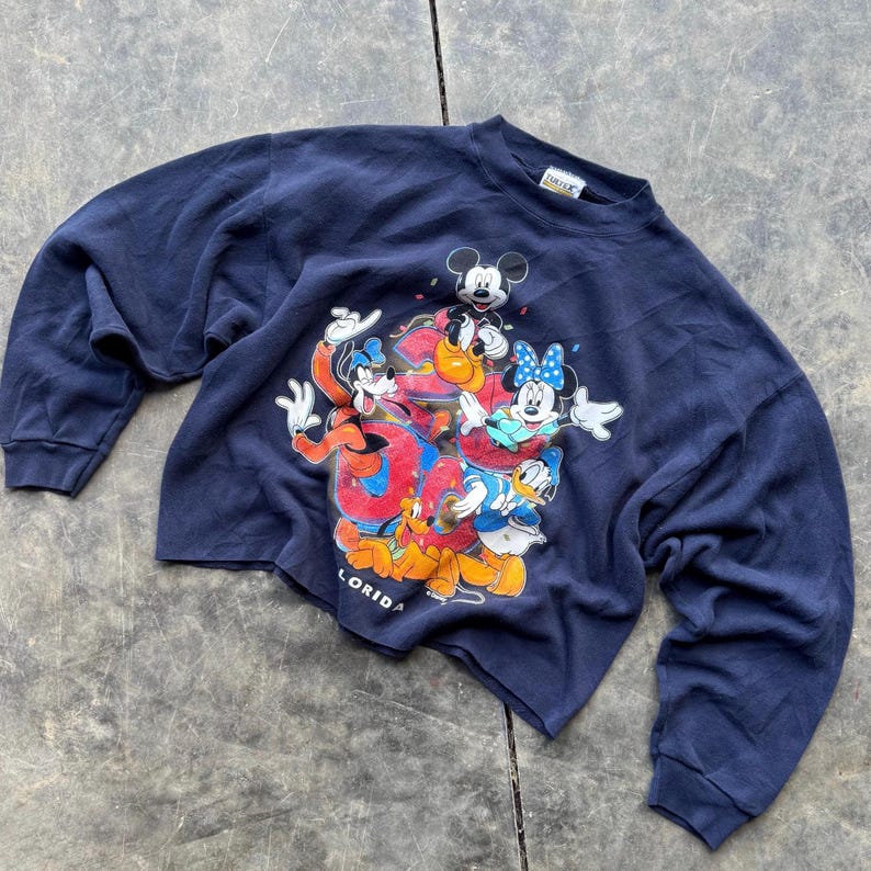 Puede incluir: Una sudadera azul marino recortada con un estampado gr&aacute;fico de Mickey Mouse, Minnie Mouse, Goofy, Donald Duck y Pluto. El gr&aacute;fico presenta a los personajes en una pose juguetona con confeti y la palabra "FLORIDA" en la parte inferior.