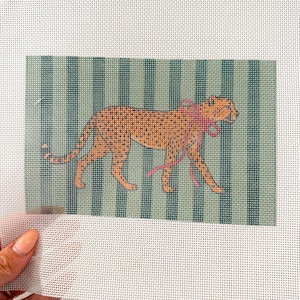 Preppy Cheetah Needlepoint Canvas | 18 Count Printed Canvas | Acrylic Purse Insert DIY | Grandmillennial Striped Animal Print
