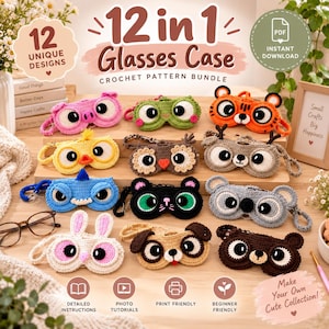 May include: A collection of 12 crochet glasses cases featuring animal designs including a pig, frog, tiger, chick, owl, deer, shark, cat, koala, rabbit, dog, and bear. The image includes text stating 12 in 1 Glasses Case Crochet Pattern Bundle.