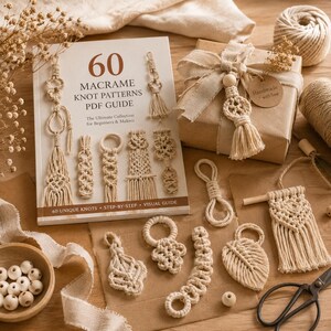 May include: A book titled 60 Macrame Knot Patterns PDF Guide, a gift box wrapped in brown paper with a beige ribbon, several cream-colored macrame cord ornaments, a wooden bowl filled with round wooden beads, and metal scissors.