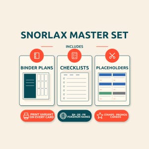 Snorlax Binder Plans – Pokemon Master Set Checklists with 96 Unique Printable Card Placeholders