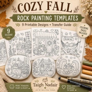 Può includere: Modelli per dipingere sassi Cozy Fall con 9 disegni stampabili e una guida al trasferimento. Il set include disegni al tratto in bianco e nero di scene autunnali con conigli, case e ricci, insieme a tre sassi dipinti e vari pennarelli.