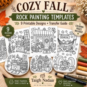Plantillas para pintar piedras en otoño / 9 páginas para colorear imprimibles / Diseños otoñales acogedores / Descarga digital