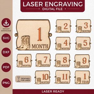 May include: A set of digital laser engraving files featuring twelve rectangular wooden milestone markers. Each marker displays a number from one to eleven followed by the word MONTHS, and one marker with the number 1 and the word YEAR. Each includes a cowboy boot graphic.