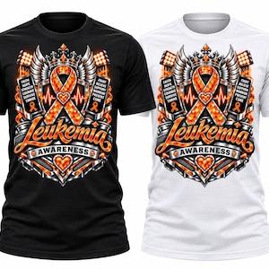 Può includere: Una t-shirt nera e una bianca, ciascuna con un design grafico raffigurante un nastro arancione, una corona, ali e un cuore. Il testo recita "LEUKEMIA AWARENESS" insieme a "FAITH HOPE STRENGTH COURAGE SURVIVE THRIVE" e "FIGHT BELIEVE SUPPORT WARRIOR PREVENT CURE."