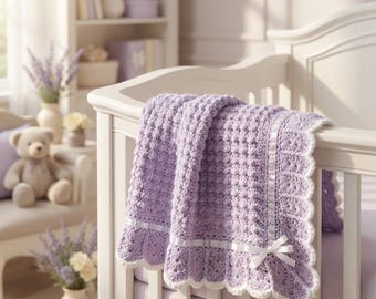 Lavender Baby Blanket Pattern, Scalloped Edge Nursery Throw, Easy PDF