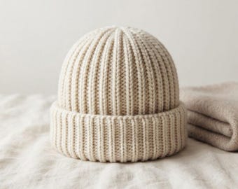 May include: A cream-coloured knit beanie featuring a vertical ribbed texture and a wide, folded cuff. The hat is constructed with a thick, chunky yarn knit pattern, creating a rounded crown shape that sits upright with a consistent, uniform stitch.