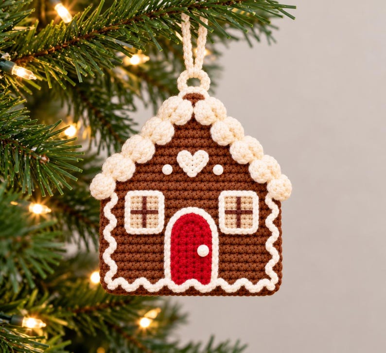 Puede incluir: Un adorno de casa de jengibre de ganchillo marr&oacute;n con puerta roja, ribetes blancos estilo glaseado, dos ventanas con detalles de punto de cruz y un peque&ntilde;o coraz&oacute;n blanco sobre la puerta. Incluye un lazo para colgar.