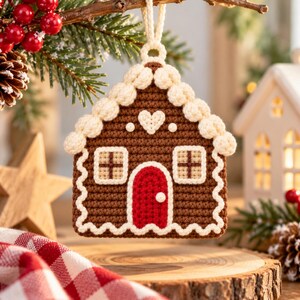 Puede incluir: Un adorno de casa de jengibre marr&oacute;n tejido a ganchillo con ribetes de glaseado color crema, una puerta arqueada roja, dos ventanas cuadradas con cuarterones y un peque&ntilde;o detalle de coraz&oacute;n sobre la puerta, colgado de un lazo de hilo crema.