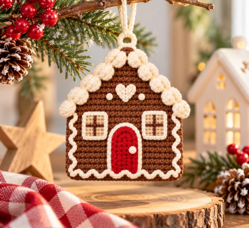 Puede incluir: Un adorno de casa de jengibre marr&oacute;n tejido a ganchillo con ribetes de glaseado color crema, una puerta arqueada roja, dos ventanas cuadradas con cuarterones y un peque&ntilde;o detalle de coraz&oacute;n sobre la puerta, colgado de un lazo de hilo crema.