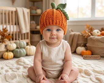 May include: A bright orange crochet beanie hat shaped like a pumpkin, featuring a textured ribbed design and a green stem with leaves on top. The hat is worn by a baby in a cream-coloured sleeveless romper. The text dudecrochetexpert is visible.
