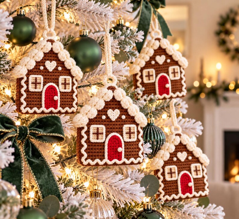 Puede incluir: Cuatro adornos de casas de jengibre hechos a ganchillo colgados en un &aacute;rbol de Navidad. Cada casa marr&oacute;n tiene una puerta roja arqueada, marcos de ventanas blancos, un detalle de coraz&oacute;n blanco y un borde blanco texturizado.