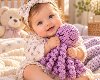 May include: A light purple crochet octopus toy with a rounded head and eight spiraled tentacles. The octopus features embroidered closed eyes with eyelashes. The text "dudecrochetexpert" is visible in the bottom right corner of the image.