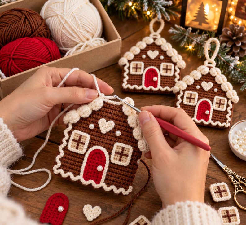 Puede incluir: Adornos de casitas de jengibre tejidos a ganchillo con hilo marr&oacute;n, rojo y crema. Cada casa tiene una puerta roja, un borde de techo color crema y un peque&ntilde;o detalle de coraz&oacute;n. El set incluye ovillos, un ganchillo y perlas.