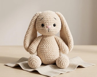 Puede incluir: Un conejo de peluche tejido a ganchillo en color beige con orejas largas y caídas, ojos de plástico negro y una pequeña nariz bordada en rosa. El juguete está hecho de hilo suave y texturizado y está sentado sobre una tela clara plegada.