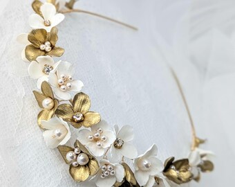 Beautiful White and Gold Headband Bella Freshwater Pearl Gold Wedding Headband | Lace & Favour main image 4