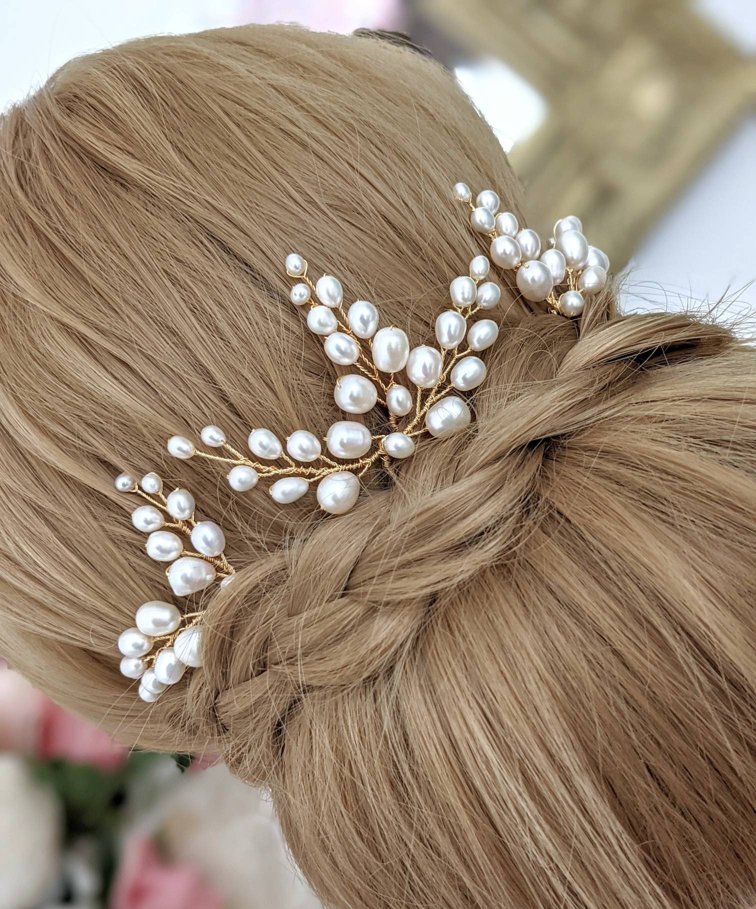 Set of 4 pearl wedding hair pins, Gold wired freshwater pearl branch