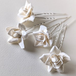Wedding Flower Hair Pins - Self of 4 | Bridal White Floral Hairpins | Wedding Hair Accessory | Bohemian Bride | Vintage Rose Pins