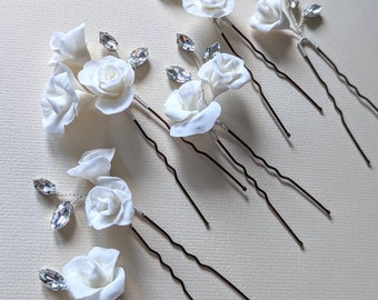 White bridal flowers hair pins Set of 6, Ivory/White wedding floral hairpins, Wedding crystal pins, Clay flower hair pins, Boho hair piece