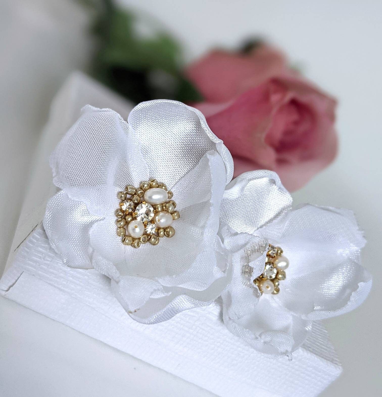 White Silk fabric Flower Stud Earring Bridal statement Etsy
