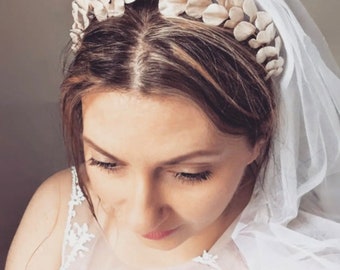 Bridal Headpiece, Hand sculpted clay flower headpiece, Floral wedding headband, Romantic flower crown, Pearl statement tiara